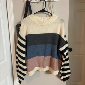 Striped Colorblock Crewneck Sweater in Cream, Black, Blue & Mauve